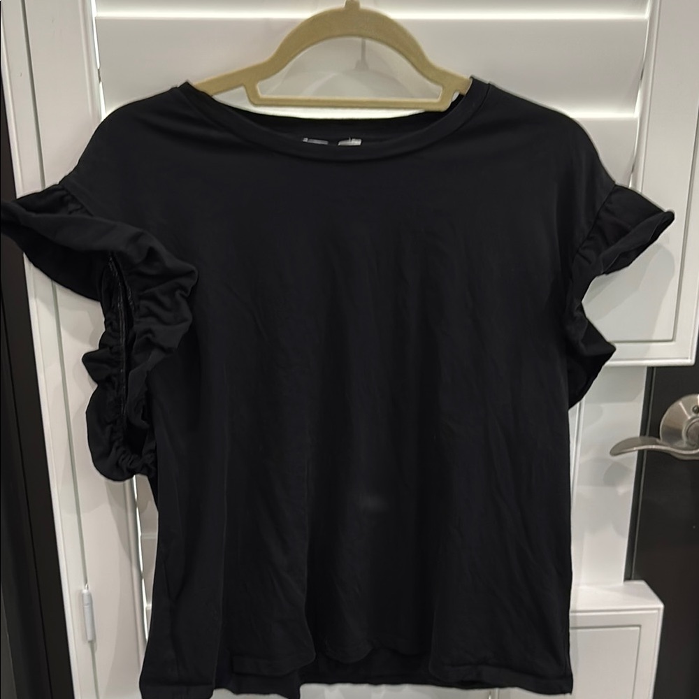 Zara Black Flutter Sleeve Ruffled Tee